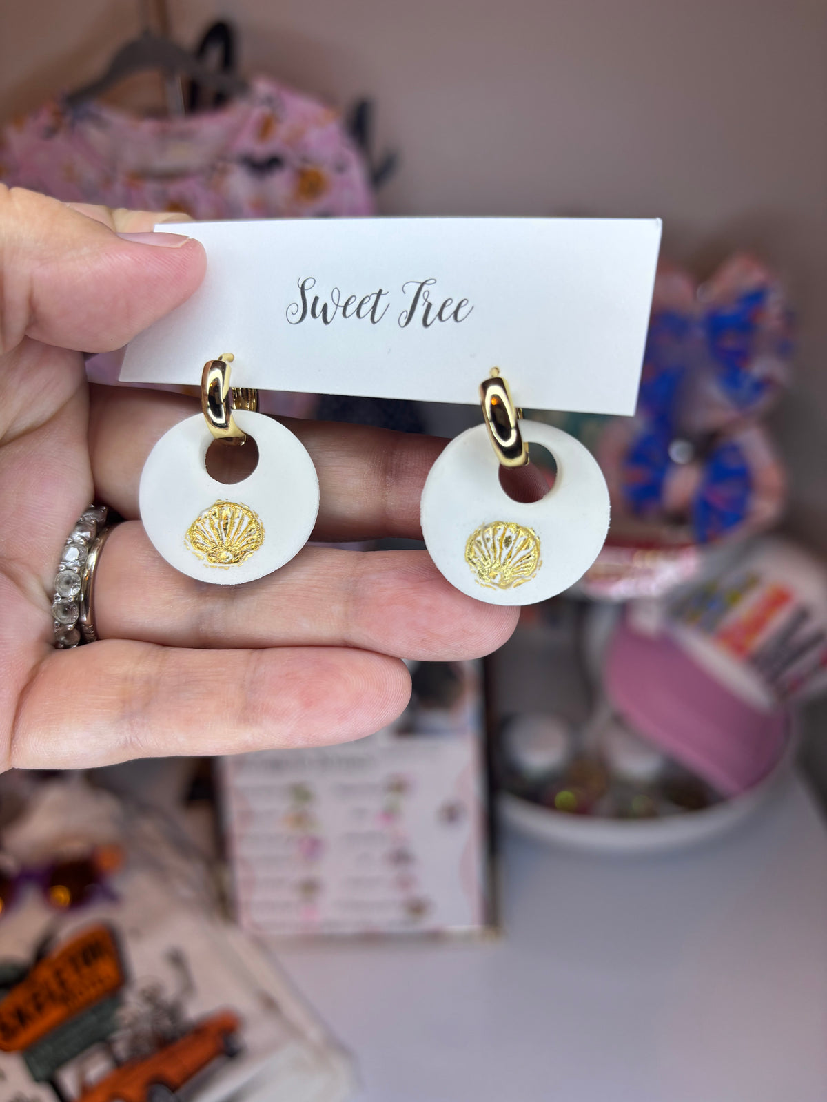Seashell Disc Huggie Earrings- polymer clay handmade earrings