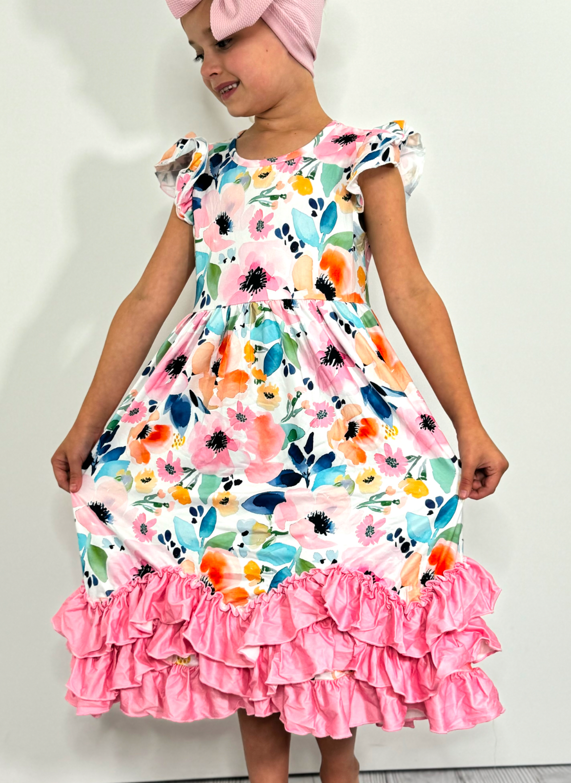 Watercolor Floral Maxi Ruffle Dress