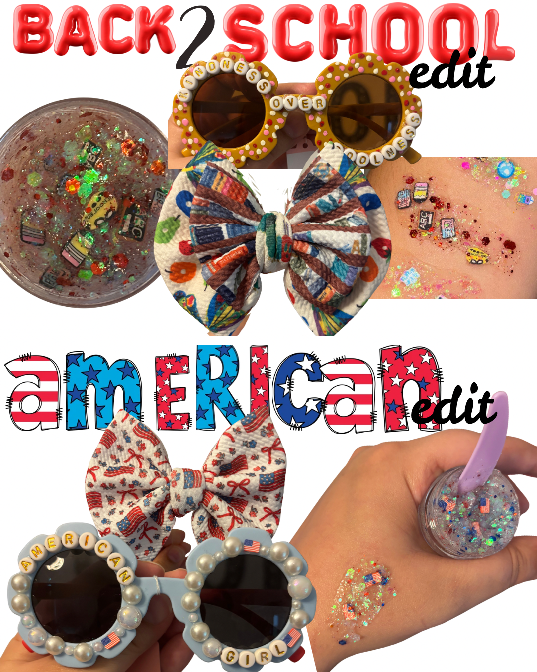 MYSTERY BAG BUNDLE DEAL- 1 small glitter, 1 pair of sunnies, 1 bow or claw clip. You pick the theme 🫶🏻 $32-35 value