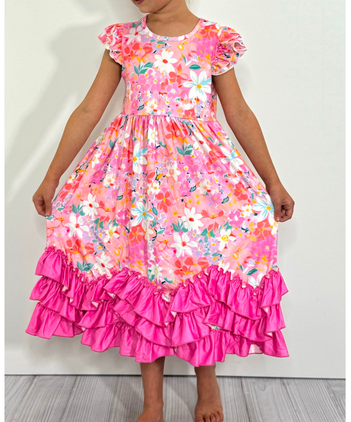 Pink ruffle party maxi dress