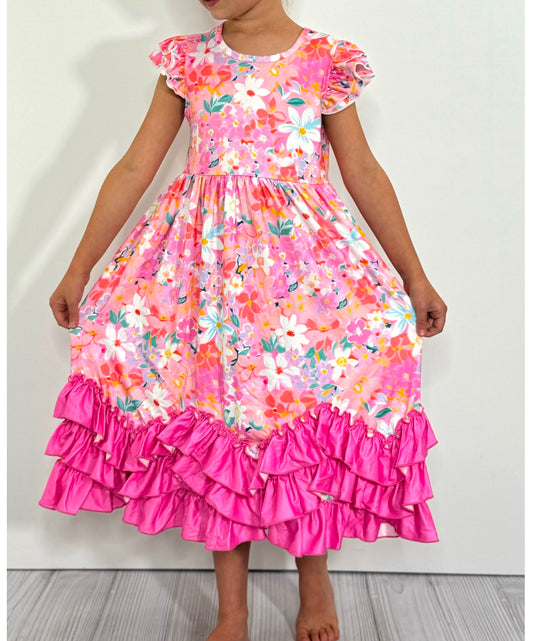 Pink ruffle party maxi dress