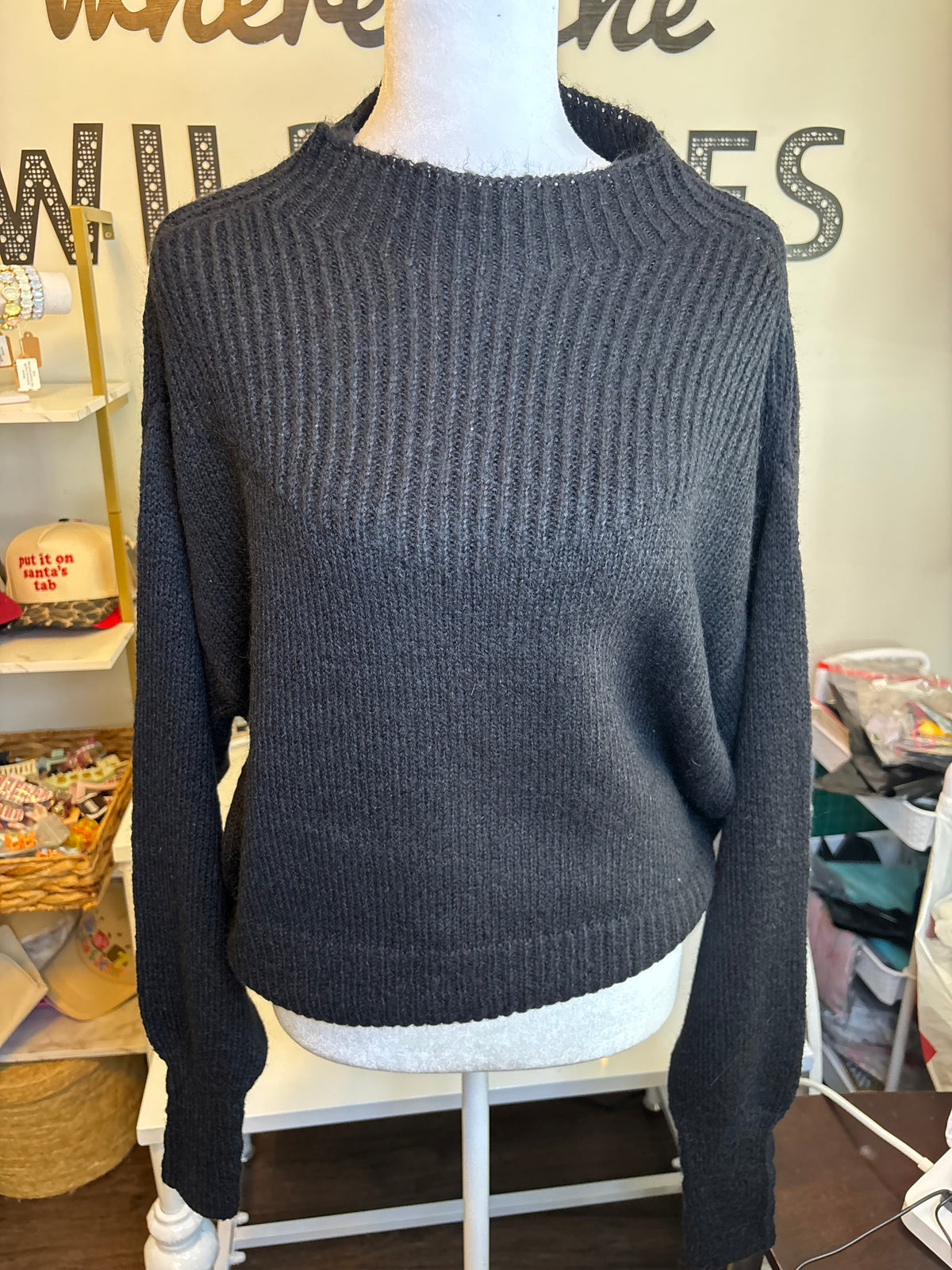 Women’s Black Bat Wing Ribbed Mockneck Sweater