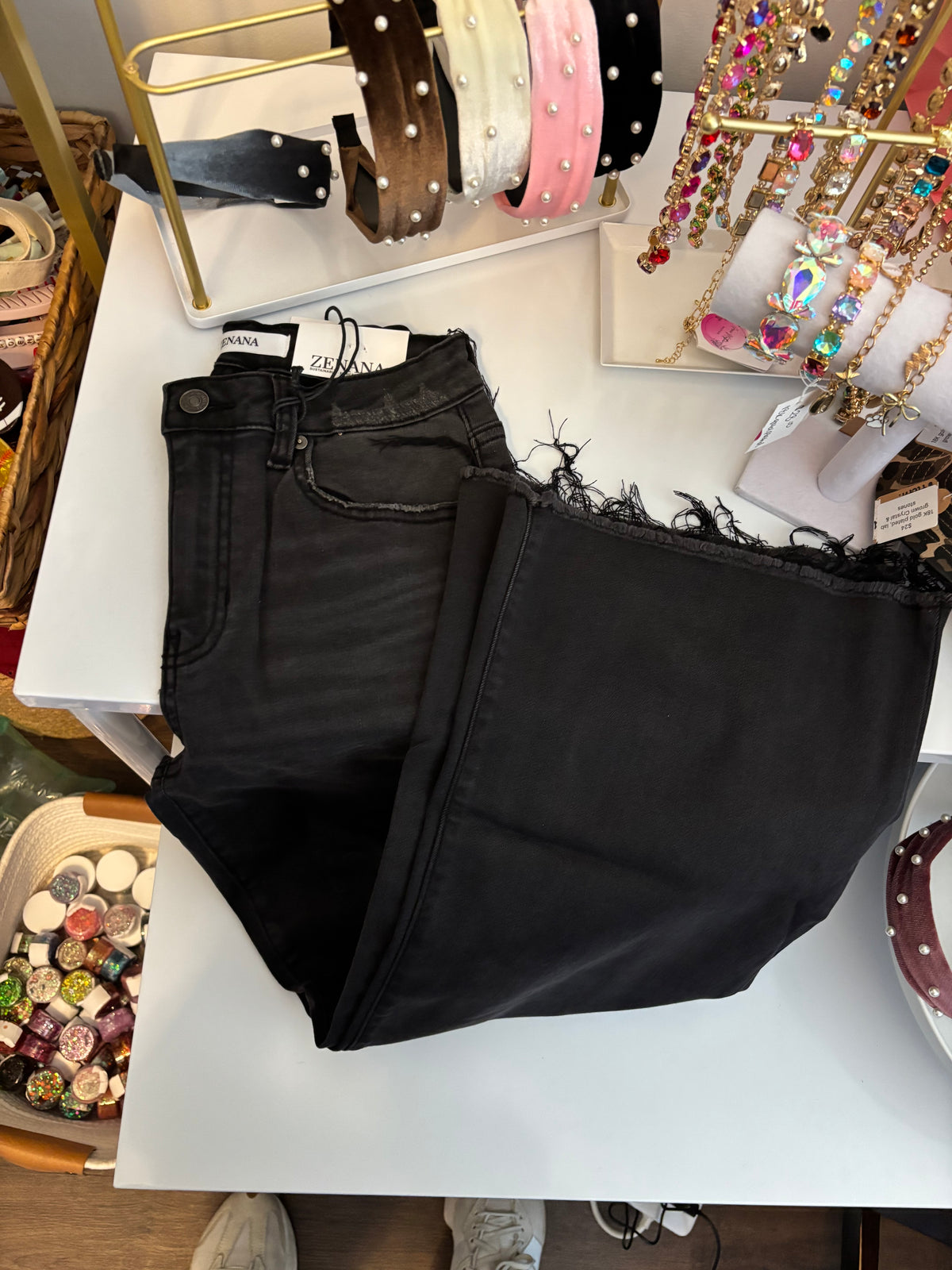 Zenana Black Cropped Raw Hem Denim