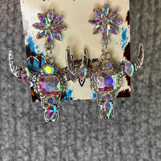 AB CRYSTAL SILVER cow skull earrings