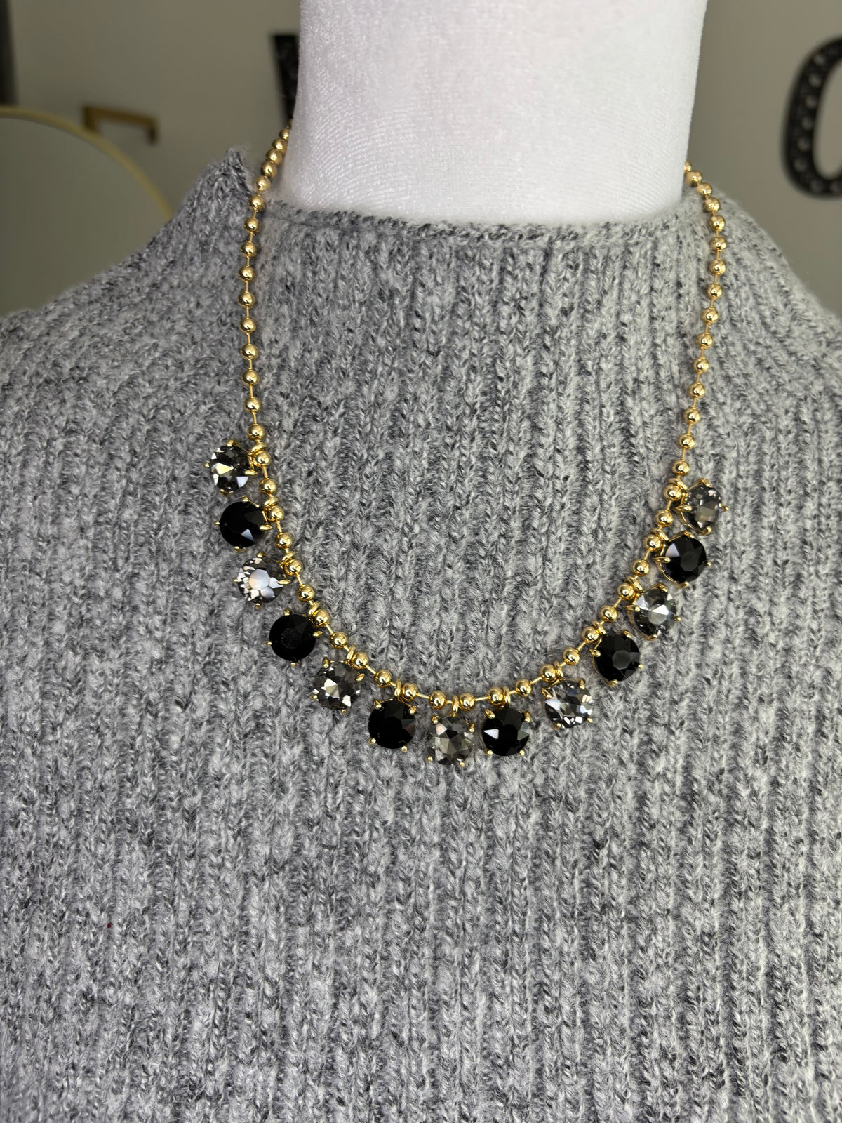 Black & Smoke Crystal Gold Ball Necklace