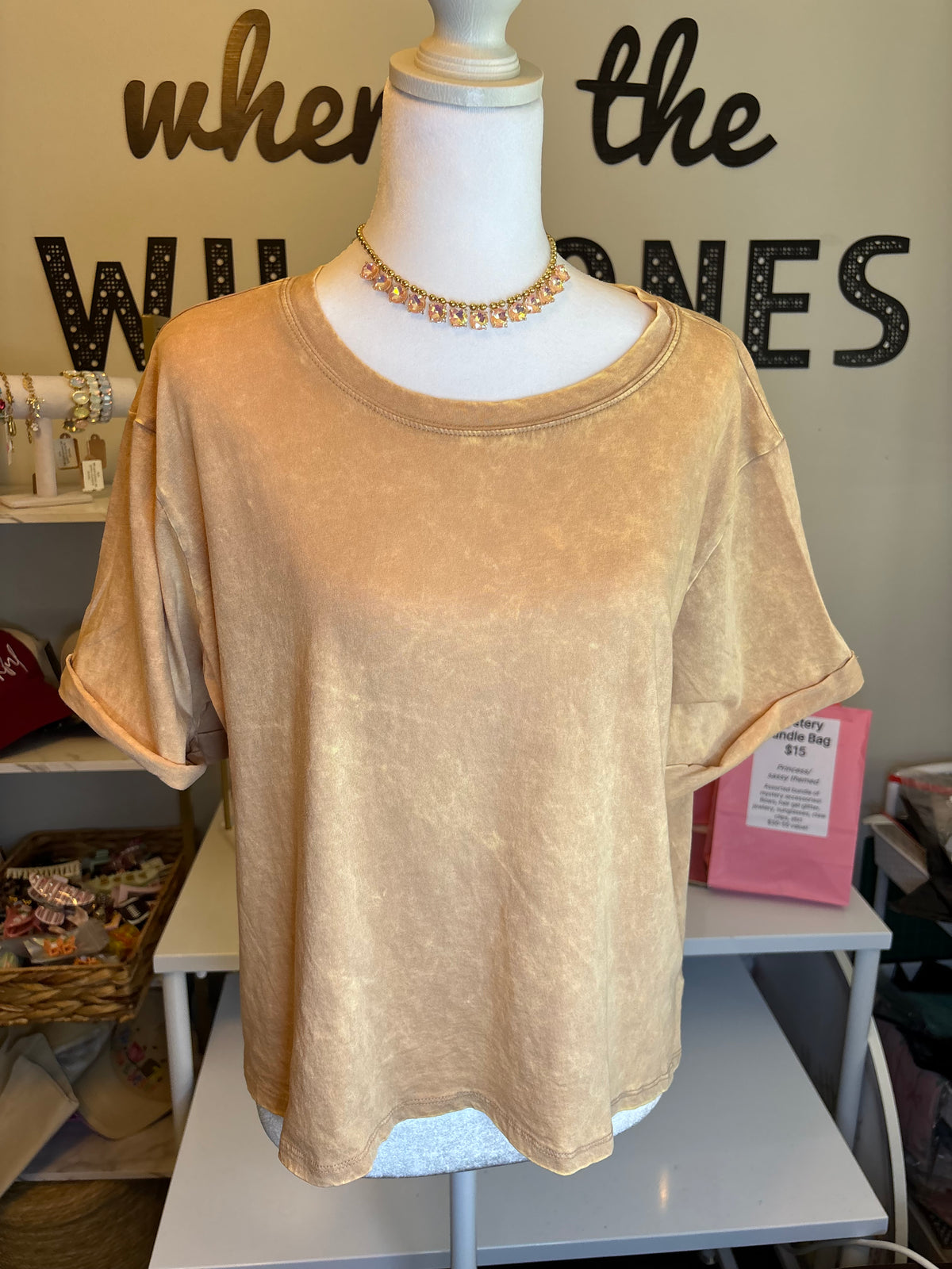 Acid Washed Camel cuffed Tee