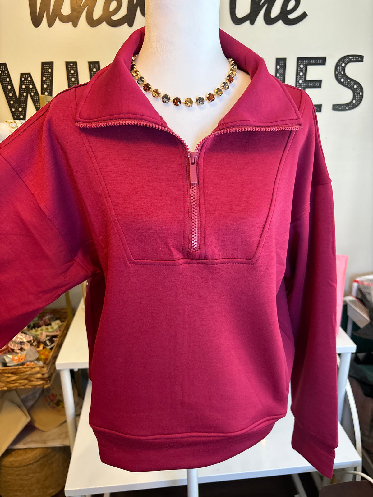 Super soft scuba half zip with kangaroo pockets- cabarnet
