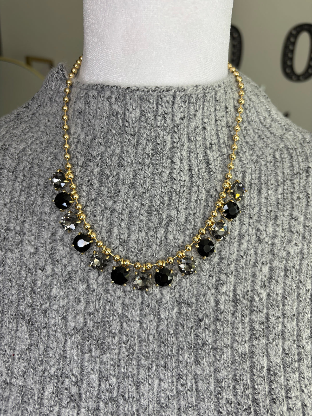 Black & Smoke Crystal Gold Ball Necklace