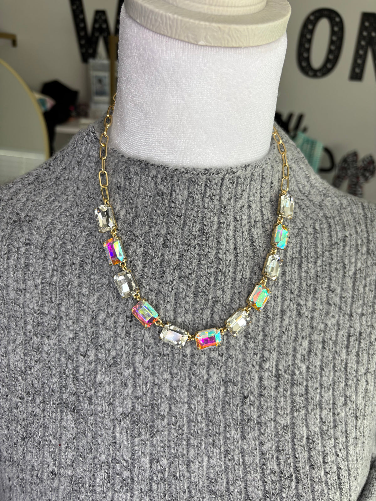 AB & white Crystal Gold Necklace