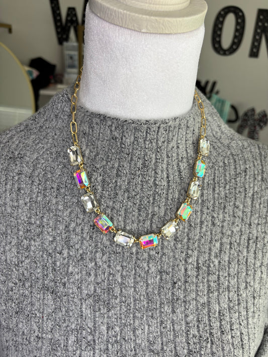 AB & white Crystal Gold Necklace