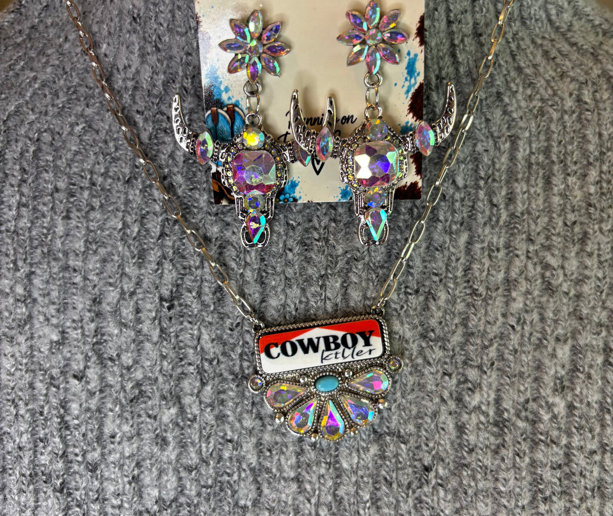 AB CRYSTAL SILVER cow skull earrings