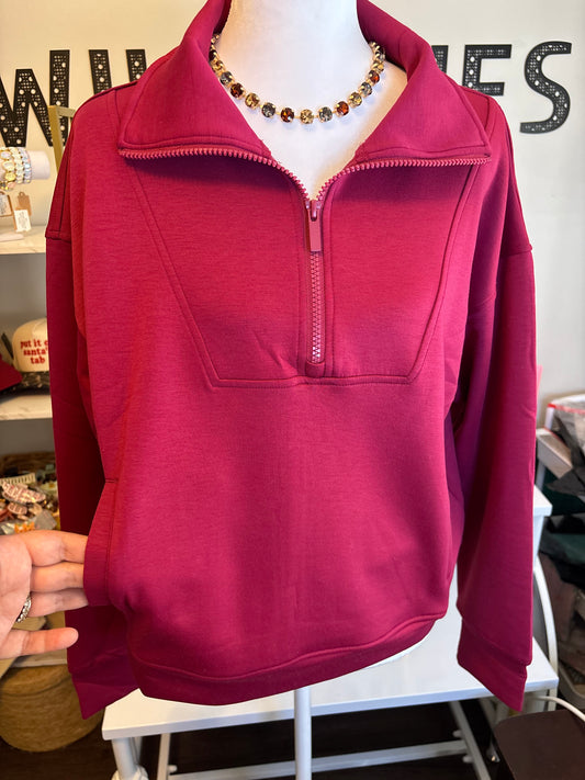 Super soft scuba half zip with kangaroo pockets- cabarnet