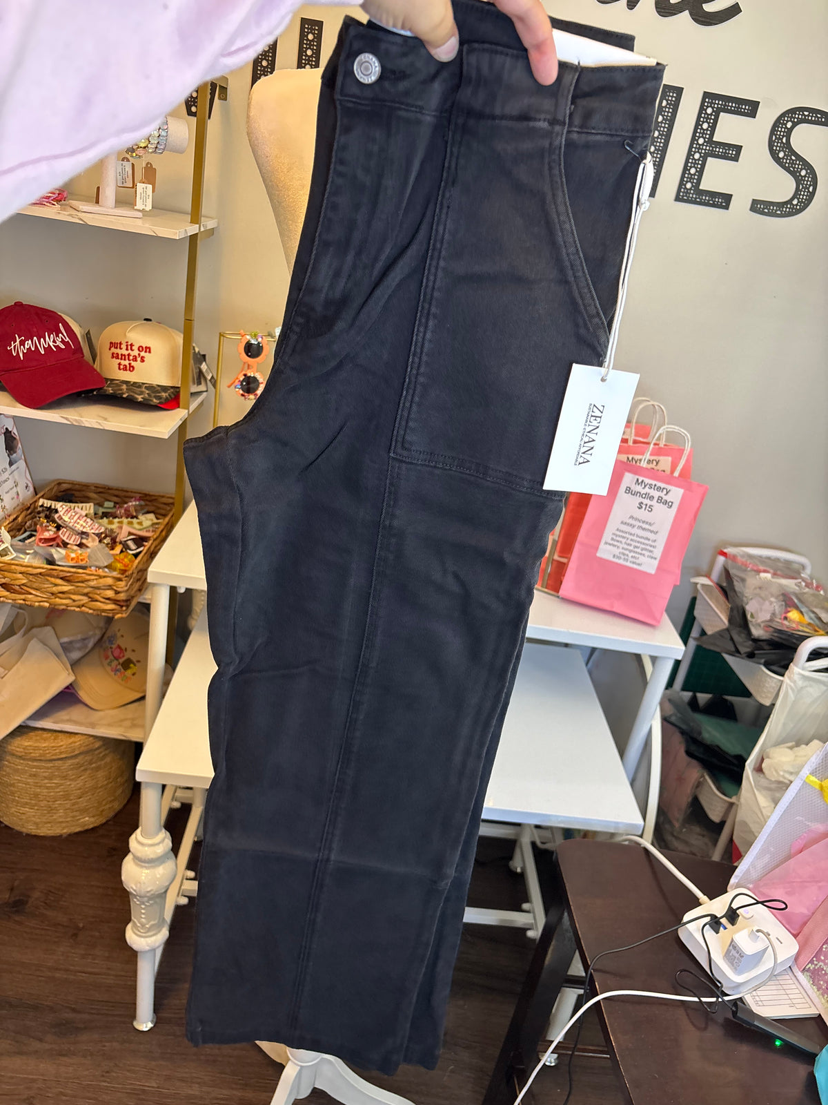 Zenana Denim Utility Black Straight Leg