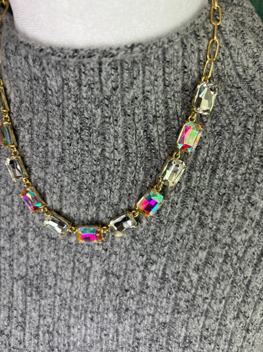 AB & white Crystal Gold Necklace