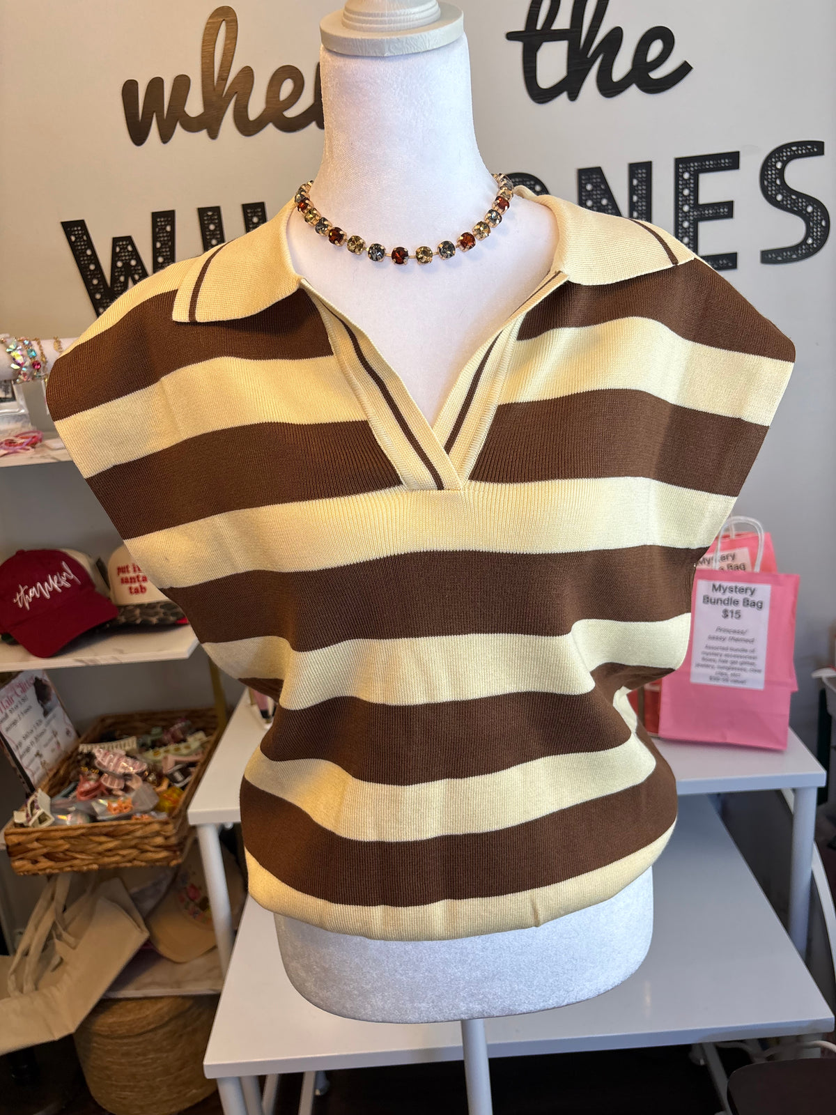 Cream & brown striped Sweater Blouse