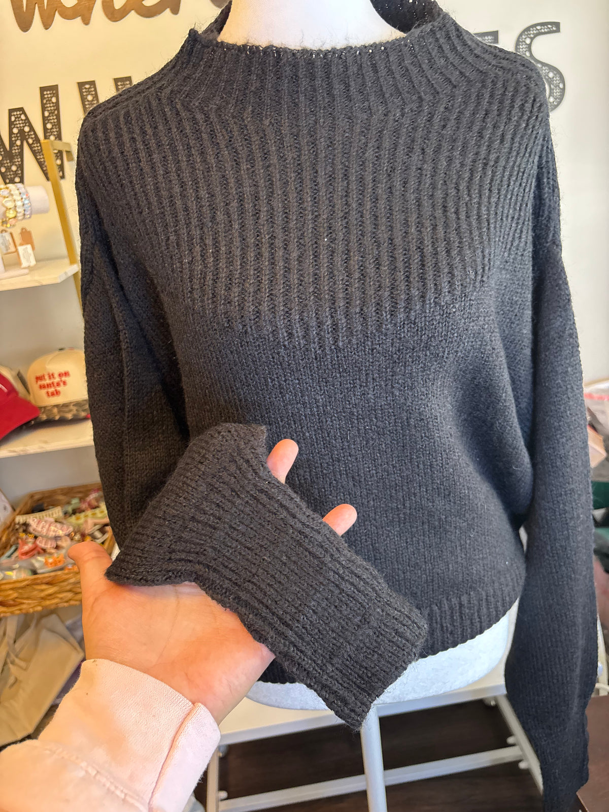 Women’s Black Bat Wing Ribbed Mockneck Sweater