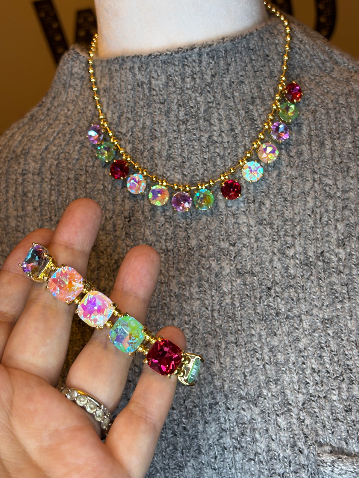 AB Crystal Multi Gold Bead Necklace