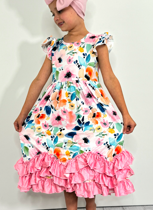 Watercolor Floral Maxi Ruffle Dress