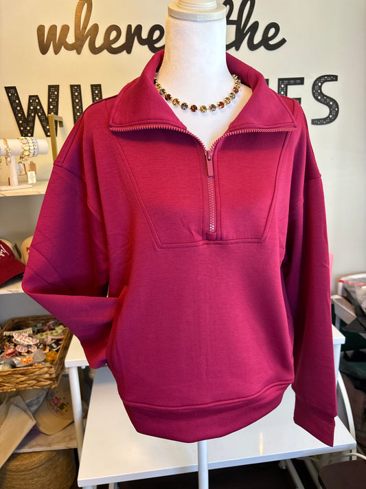 Super soft scuba half zip with kangaroo pockets- cabarnet